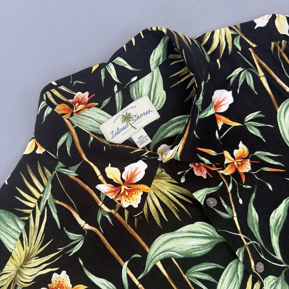 Island Shores Shirt Mens Large Black FLORAL TREE  Flowers Rayon S/S Hawaiian